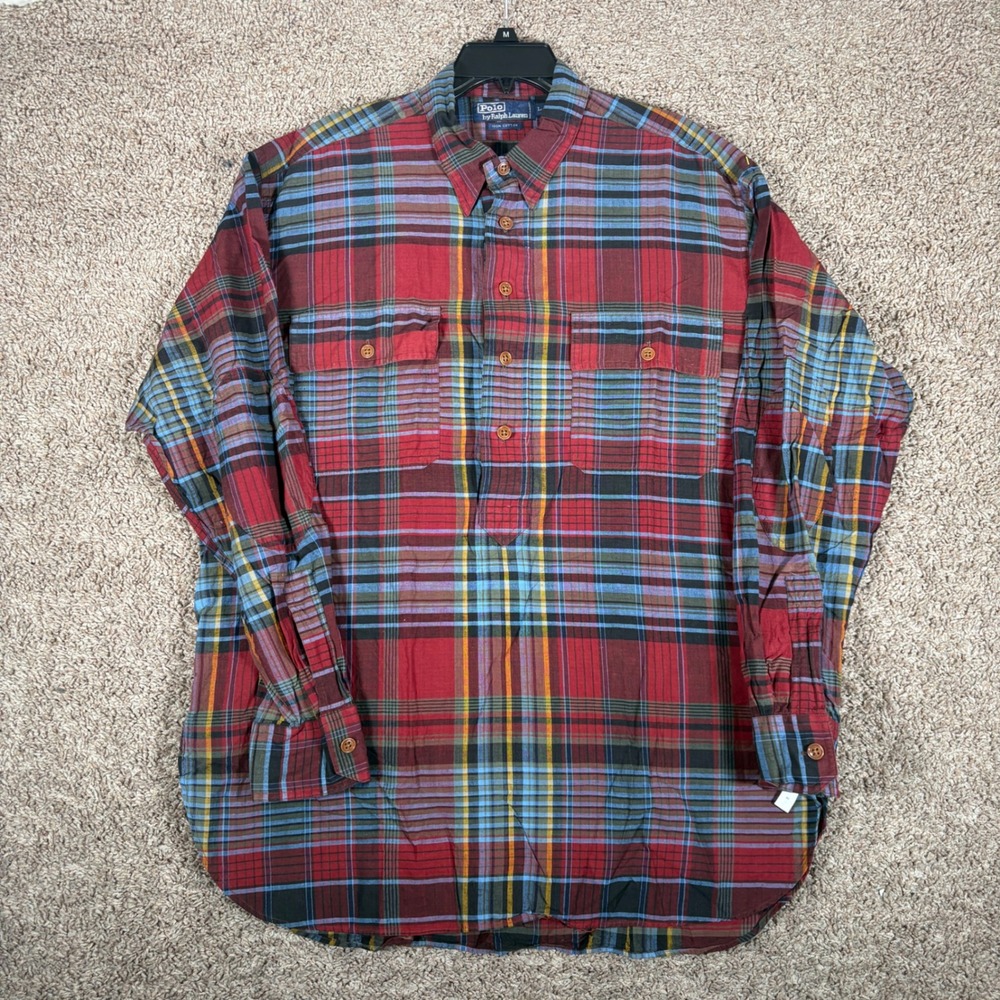 Vintage Polo Ralph Lauren Mens Red Plaid Cotton Popover Long Sleeve Shirt Large